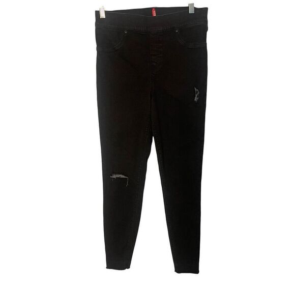 Spanx Distressed Black Skinny Jeans Raw Hem Stretch Comfort Sz Large - Picture 1 of 4